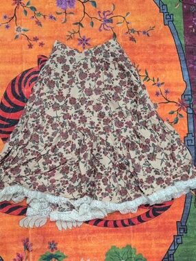 Gunne Sax Floral Tiered Maxi Skirt in Beige and Pink